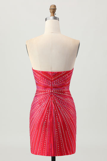 Tight Strapless Beaded Red Homecoming Dress With Slit